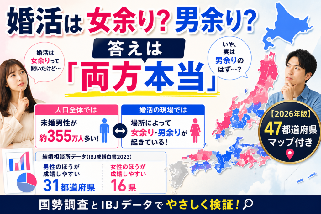 IBJ2023年成婚白書を基に作成した47都道府県別の男女成婚率比較マップ。金色は男性が有利、桜色は女性が有利。