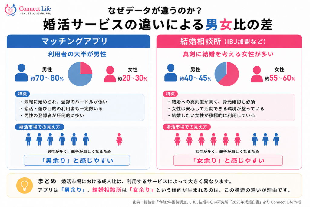 マッチングアプリと結婚相談所の男女比の違いを比較した図